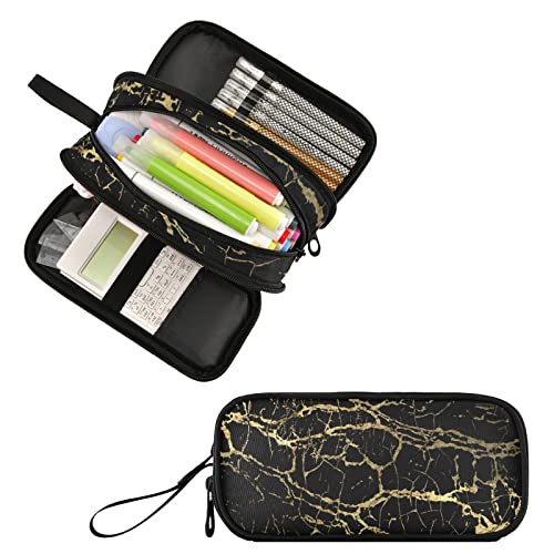 Image of Fustylead Trendy Black Golden Lines Marble Print Large Pencil Pen Case Stationery Bag, 3 Compartments School College Office Desk Organizer Storage Pouch Marker for Teen Boys Girls Students