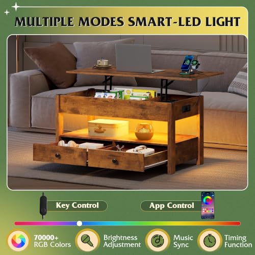 Image of WLIVE Lift Top Coffee Table with LED and 2 Drawers, Brown