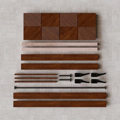 Image of Bme Rhombus Queen Bed Frame - Solid Rubber Wood with Geometric Rhombus Headboard, Walnut Finish, Scandinavian Modern Platform Bed with Sturdy Slats & Metal Legs, No Box Spring Needed