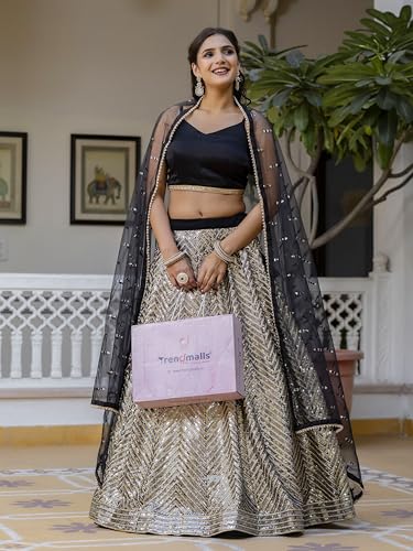 Image of TRENDMALLS Women's Georgette Embroidery Sequence Work Lehenga Choli with Dupatta For Women Semi-Stitch