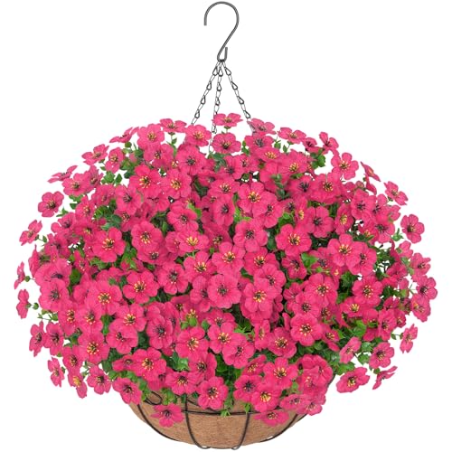 Image of Bassion Artificial Hanging Silk Flowers for Outdoors with Basket, Fuschia