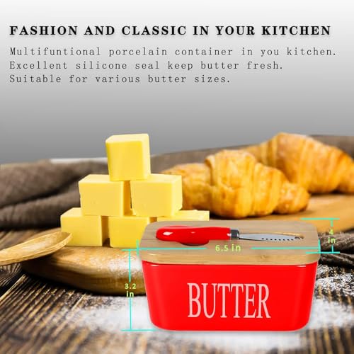 Image of Ceramic Butter Dish with Wooden Lid, Airtight Butter Keeper for Counter or Fridge with Stainless Steel Multipurpose Butter Knife, Butter Container with Double High-Quality Silicone(Red)