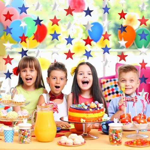 Image of Red White and Blue Star Garland Banner, 66 Feet Patriotic Star Hanging Streamer 4th of July Banner Star Backdrop Decor for 4th Fourth of July Independence Memorial Veterans Labor Day Party Decorations