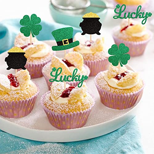 24 Pack St.patrick's Day Cupcake Toppers Green Glitter Top Hat Lucky Four Leaf Clover Cupcake Food Picks Irish St Patrick's Day Baby Shower Birthday Party Cake Decorations Supplies #TOP4