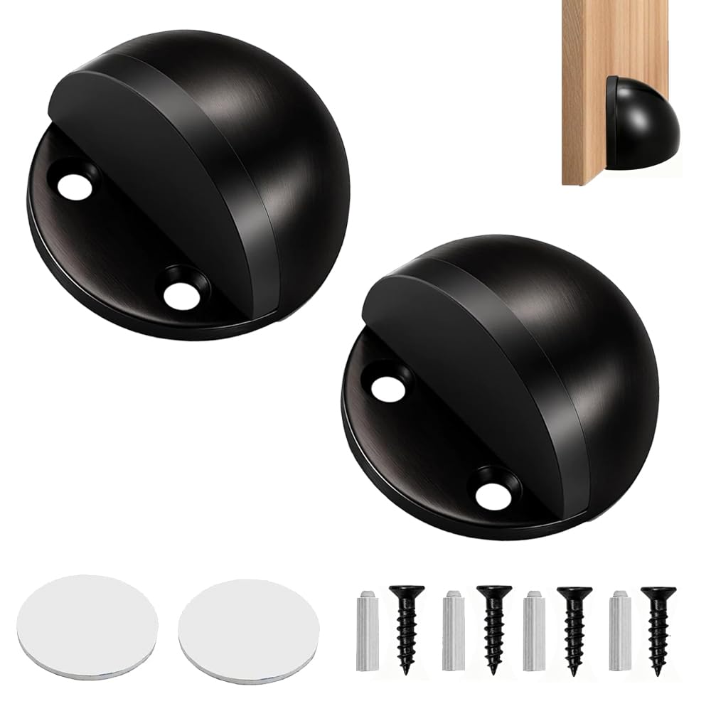2 PCS Self Adhesive Door Stoppers Bronze Polished Half Moon Door Stop Stainless Steel Oval Door Stoper with Screws and Glues for Hard Floor Glass Door Home Office Use (Black)