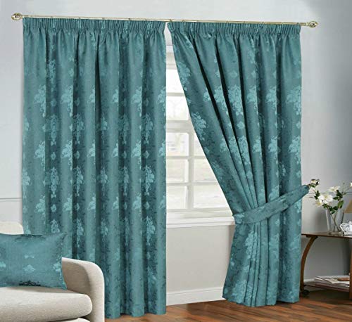 Householdfurnishing Redy Made Luxury Jacquard Fully Lined Curtain Pair Pencil Pleat With Free Tie Backs (Teal Curtain, 66 x L 54)