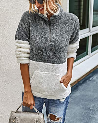BTFBM Womens Sherpa Pullover Quarter Zip Long Sleeve Fluffy Soft Fleece Jackets Sweaters Sweatshirts Hoodies Outwear Coat (Grey, Large)