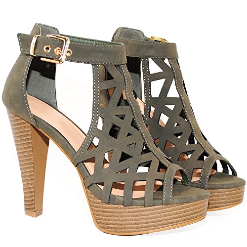 Image of Open Toe Ankle Strap Sandal - Western Bootie Stacked Heel Open Toe Cutout Shoes