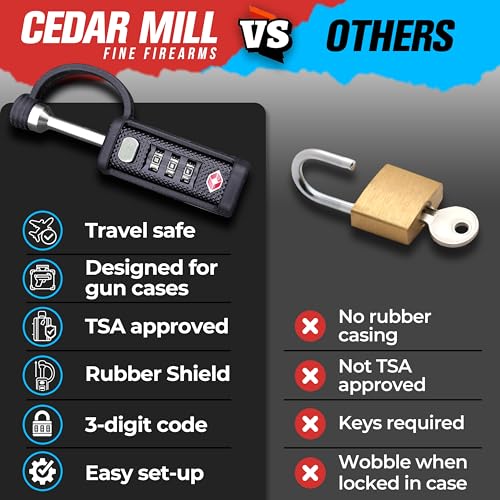 Image of TSA Approved Tactical Gun Case Lock - Protective Rubber Sleeve & Cut-Resistant MonoShaft - Secure Single Shaft Padlock for Guns Luggage Rifles Pistols & Revolver Cases - Child Safe