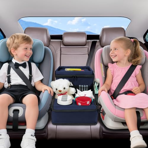 Image of Backseat Organizer for Kids & Adults - Car Seat Cooler Warmer with 2-in-1 Writing Tray, Cup Holders & 11 Storage Compartments | Road Trip Car Organizer for Front & Back Seat (Black) (Navy Blue)