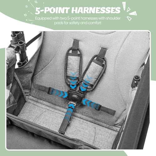 Wagon Stroller for 2 Kids,Premium Wagon for Kids with Removable Canopy, Snack Tray, Convertible Baby Bassinet, 5-Point Safety Harness, All-Terrain PU Wheels & Adjustable Push/Pull Handle,Grey