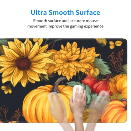 Image of Fall Pumpkin Sunflower Mouse Pad 31.5x11.8 XL Watercolor Autumn Leaf Floral Extended Mousepad Large Keyboard Mouse Mat Desk Pad with Non-Slip Rubber Base Stitched Edges for Home Office Game