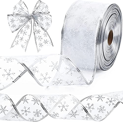 Christmas Tree Ribbon, Christmas Ribbon Glittery Snowflake Organza 2.5 Inch X 11 Yard with Spool