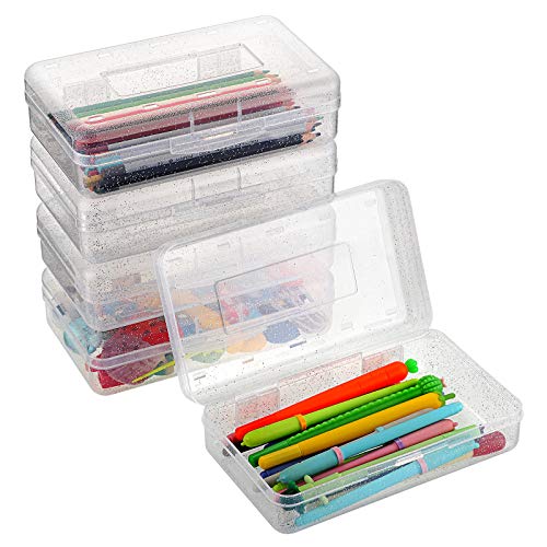 BTSKY Stylish Multipurpose Utility Box- Large Capacity Pencil Box with Snap Lid Closure Pencil Holder Plastic Pencil Box for Organize Pencils Watercolor Pens Stationery Office Supplies 5 Pack Clear