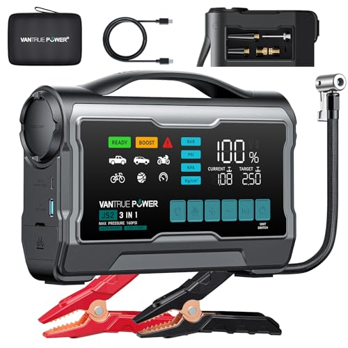 VANTRUE POWER JS2 2500A Jump Starter with 160PSI Air Compressor, 12V Car Battery Booster with 9" Large Display, 65W Charging Power Bank, Nozzles Storage Compartment- for 6.0L Gas/3.0L Diesel Engines