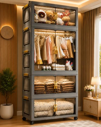 Image of Plastic Wardrobe for Cloths | 4 Layer Stackable Almirah with Hanging Rod, Transparent Doors, Wheels | Foldable Storage Cabinet Organizer for Clothes /Books /Toys