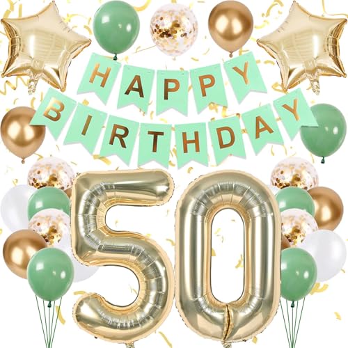 Happy 50th Birthday Decorations, Sage Green and Gold Balloons, Light Number Balloon 50th Birthday Decorations for Women (Gold 50)
