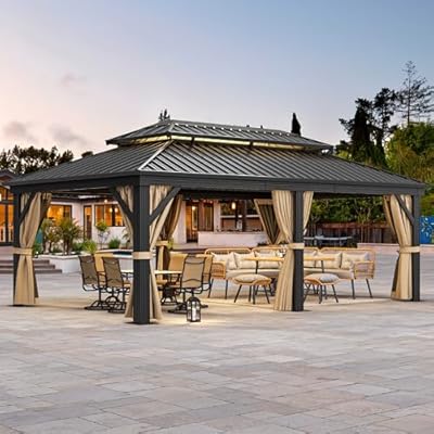 DWVO 12x20ft Hardtop Gazebo Double Roof with Nettings and Curtains, Heavy Duty Galvanized Steel Outdoor Vertical Stripes Roof for Patio, Backyard, Deck, Lawns, Brown
