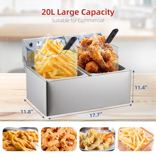 Electric Deep Fryer, 10 L x 2 Deep Fryer with Basket, Adjustable Temperature Control,Perfect for Fried Buffalo Wings, Shrimp, Nuggets, Chips & More,Stainless Steel,Sliver