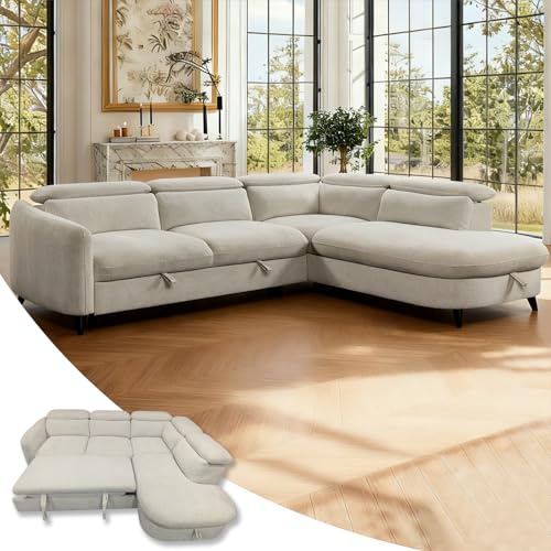 Tabaray 98'' Pull Out Couch, Teddy Sleeper Sofa Bed with Storage Chaise, Modern Convertible L-Shaped Couch with Adjustable Headrest, Comfy Modular Sectional Couches for Living Room, Apartment, Beige - Best Sleeper Sofas