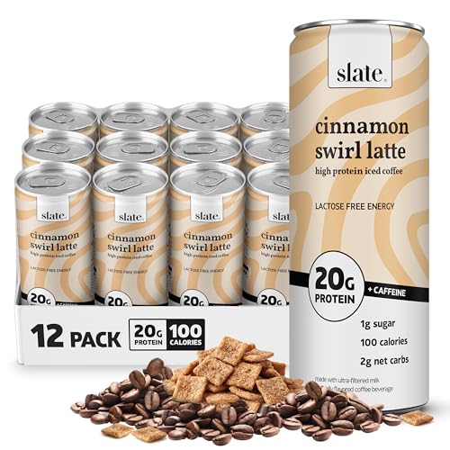 Image of Slate Milk - High Protein Iced Coffee - Cinnamon Swirl Latte - 175mg Caffeine, Lactose Free Energy - 20g Protein, 1g Sugar, 100 Calories, 2g Net Carbs, No Sugar Added - Protein Coffee - 11 fl oz, 12 Cans