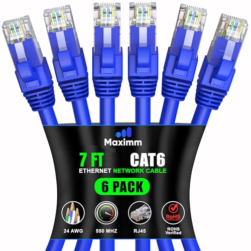Maximm Cat 6 Ethernet Cable 7 ft (6-Pack) - High-Speed LAN Cable, Internet Cable, Patch Cable, and Network Cable - UTP, 10Gbps, 550MHz Ethernet Cord - Blue