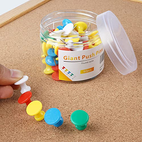 60 PCS Gaint Push Pins, 1 Inch, Jumbo Thumb Tacks, Steel Point and Plastic Head, Large Thumbtacks for Bulletin Board Cork Board, Long pushpins for Wall (Multicolor)