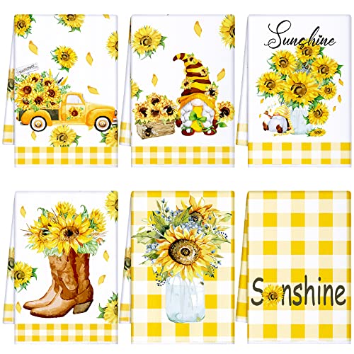 Geyoga 6 Pieces Bee Kitchen Towels Set 16 X 24 Inch Summer Gnome Dish Towels Sunflower Kitchen Decor Buffalo Plaid Tea Towels For Kitchen Home Bathroom (Orange, Sunflower) #TOP4