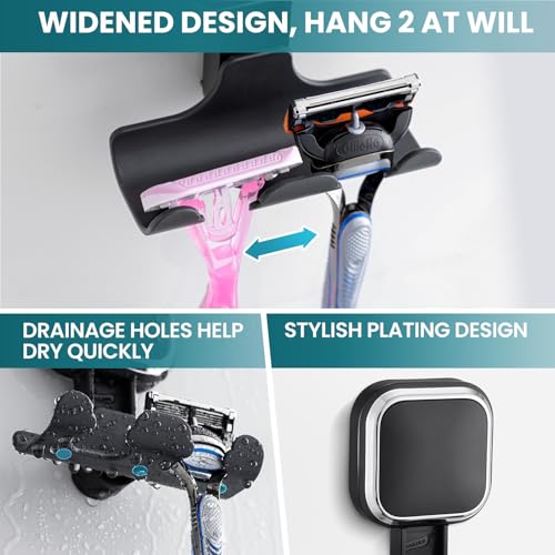 Image of TAILI Suction Cup Razor Holder for Shower Wall 2 Pack, Versatile Suction Cup Hooks for Razor, Towel, Loofah, Squeegee, Cell Phone, Removable Damage-Free Hanging Shower Hook, Shaver Holder, Black
