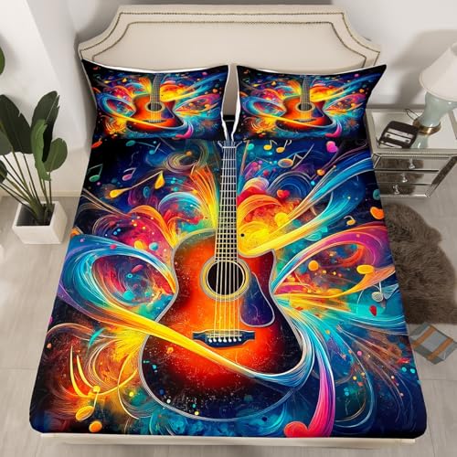 Musical Guitar Fitted Sheet Twin Size 2 Pcs,Colorful Geometric Spiral Swirls Lines Bedding Sets for Kids Teens Adults,Music Theme Hippie Hip Hop Bed Cover with 1 Pillowcase(No Flat Sheet)