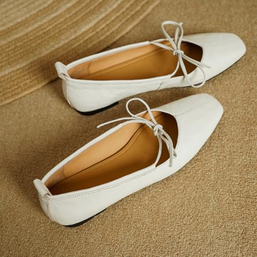 Women's Leather Mary Jane Flats Bow Tie Ballet Flats Comfortable Closed Square Toe Slip On Ballerina Shoes2