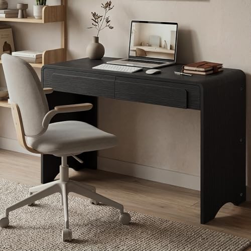Bestier Computer Desk with 2 Drawers 47 Inch Wood Home Office Desk Writing Table with Curved Handles & Waterfall Rounded Edges Cute Modern Desks for Bedroom Study Living Room Black