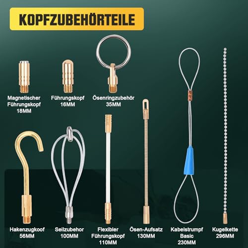 12M Einziehband Kabel Kabeleinziehhilfe, 4 Stangen x 100 cm x 4mm Kabelstangen und 8 Stangen x 100 cm x 6mm Kabelstäbe Fischband mit 9 Adaptern für Leerrohre zur Kabelverlegung