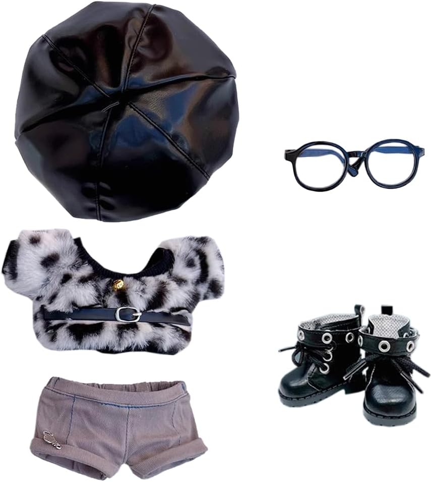 niannyyhouse 10cm 15cm 20cm Plush Doll Clothes Berets Jacket Pants Eyewear Leather Boots Leopard Print Suits Dolls Accessories (Black, 10cm)
