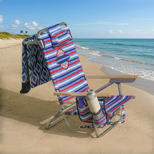 Tommy Bahama 2-Pack 5-Position Classic Lay Flat Backpack Beach Chair with Cooler and Cup Holder, Portable Folding Beach Chair for Tanning, Red/White/Blue by Tommy Bahama - Image 8