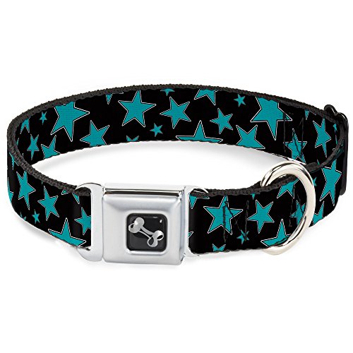 Collier de chien Buckle Down étoiles noir turquoise réglable large