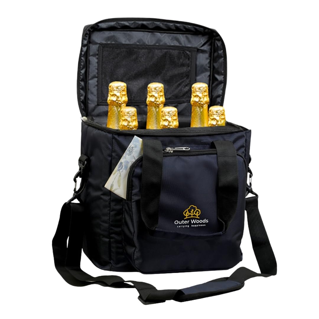 Insulated 6 Bottle Cooler Bag Beer Cooler, Wine Cooler, Party Bag 6+ Hours Cooling Fits 6 Full-Size Bottles Includes 6 Ice Gel Packs Ideal for Travel, Picnic & Outdoor Events (Navy)