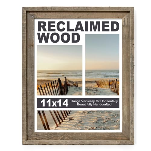 Rustic 11x14 Picture Frame, Reclaimed Barnwood Photo Frame with Tempered Glass, Distressed Family Gallery Corner, Horizontal and Vertical Wall Mounting or Table-top Display, Set of 1
