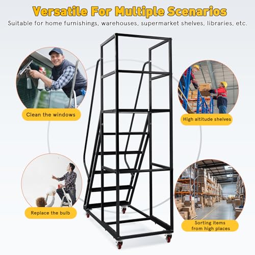 Image of 6 Step Rolling Ladder with Wheels, 1200LBS Capacity Industrial & Warehouse Rolling Stairs, Non-Slip Rolling Steps with Stair Edge Protector, Easy to Move Rolling Steps for Goods Shelves, Black