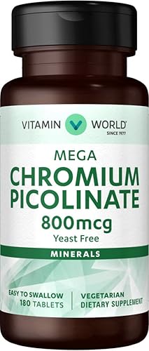 Vitamin World Mega Picolinato de Cromo 800 mcg. 180 Tabletas, Suplemento mineral traza, sin levadura, vegetariano, sin gluten