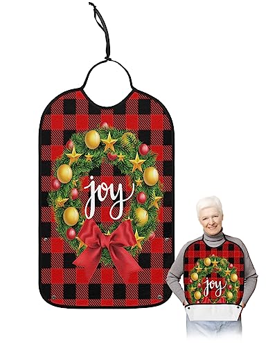 LEOKOTI Christmas Wreath Adult Bibs for Eating, Waterproof Bibs with Food Catcher & Adjustable Snap Closure, Joy Red Black Buffalo Plaid Washable Clothing Protectors Adult Bibs for Elderly Women/Men