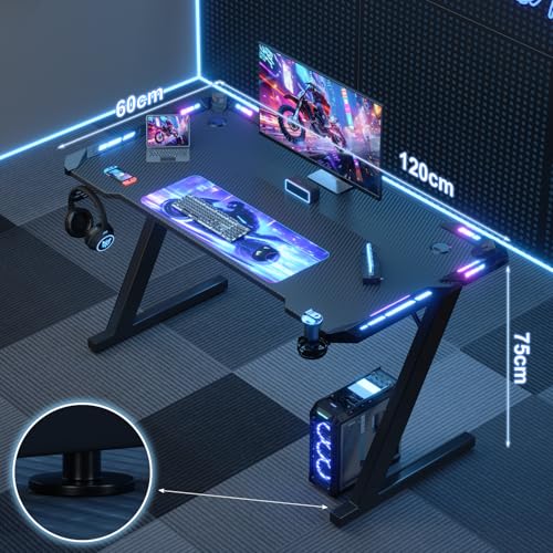Gaming Tisch mit LED 120x60 cm, Gaming Schreibtisch Z-Frame, Ergonomischer Gamer PC Tisch mit Getränkehalter, Kopfhörerhaken, Stabiler Computertisch, Schwarz – Bild 4