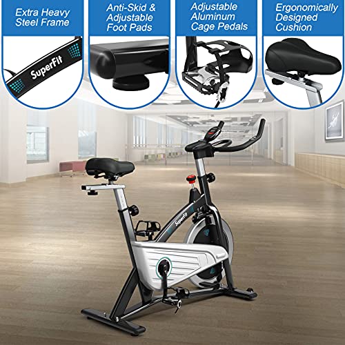 Goplus Magnetic Stationary Bike, Indoor Exercise Cycling Bike Smooth Belt Drive W/ Heart Rate, LCD Monitor, Full Adjustment Near-silent Home Cardio Workout Spin Bike