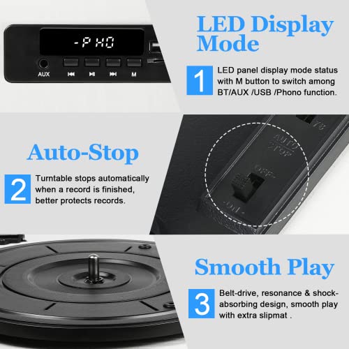 Vintage Record Player Bluetooth 3-Speed Vinyl Record Player With Stereo Speakers, Usb Audio Recording, Rca Line-Out, Aux-In, Retro Phonograph Turntable For Vinyl Records, White Wood #TOP5