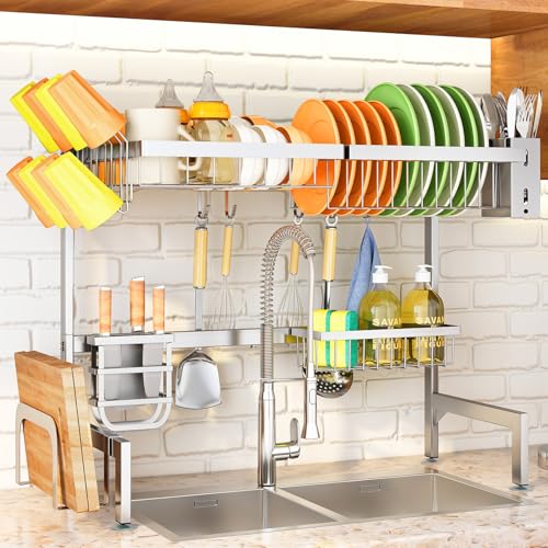 SNTD Over The Sink Dish Drying Rack Full Stainless Steel 2-Tier Kitchen Counter Dish Drainer Rack Adjustable (33.8 to 41.5 inch) Expandable Dish Drying Rack with Kitchen Accessories Silver
