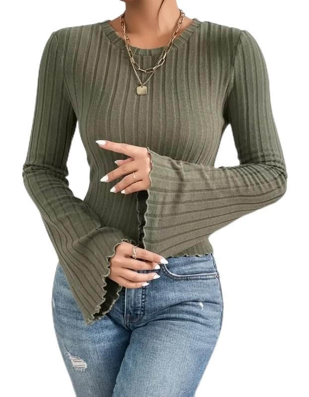 Women Ribbed Knit Top Round Neck Long Bell Sleeve Slim Fit Casual Winter Sweater Stretchable Soft Pullover Stylish Fashion Top BeigeBlack-picture-25