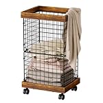 Laundry Basket with Wheels, Rolling Hamper Wooden Wire Laundry Bin