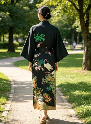 Image of Women's Classic 100% Silk Kimono Robe, Bathrobe-Printed Pattern