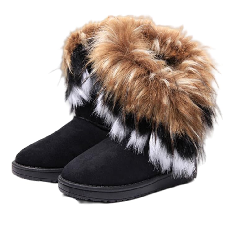 Womens Faux Fur Tassel Winter Snow Boot Suede Flat Ankle Boots Fur Lined Warm Ankle Booties