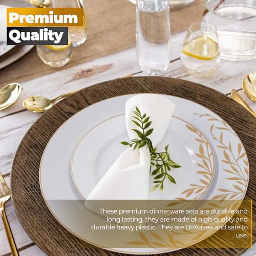 PLASTICPRO 32 Pack Elegant Disposable Plastic Plates Combo Set Includes 16 Dinner Plates and 16 Salad Plates Heavy Duty Fancy Party Plates White & Gold Flower Design - Image 3